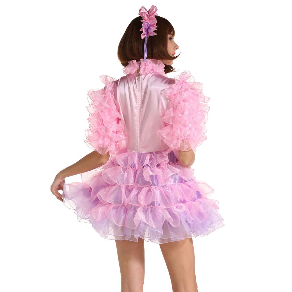 Women Sissy Maid Half Sleeve Lockable Puffy Pink Dress Uniform Crossdress (Medium)