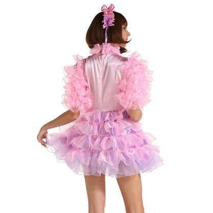 Women Sissy Maid Half Sleeve Lockable Puffy Pink Dress Uniform Crossdress (Medium)