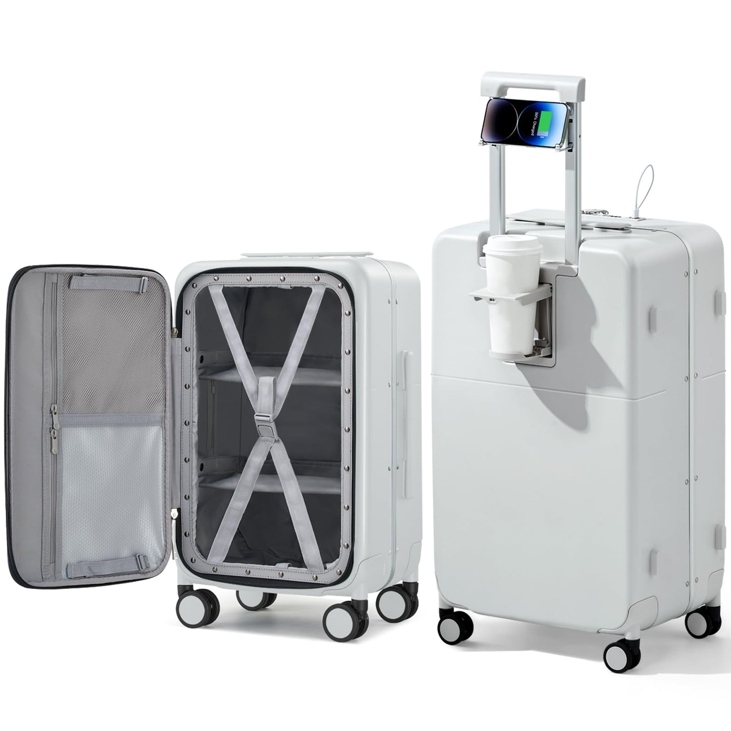 Hanke 28 Inch Luggage with Cup Holder and Charge,Top Opening Hard Shell Suitcases with Wheels and Dividers,Aluminum Frame Trunk Luggage Extra Large Suitcase with Lock for Travel,Smoke White