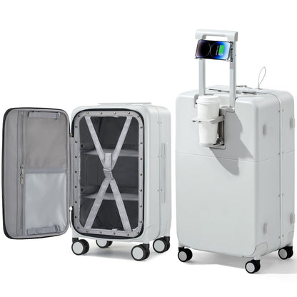 Hanke 28 Inch Luggage with Cup Holder and Charge,Top Opening Hard Shell Suitcases with Wheels and Dividers,Aluminum Frame Trunk Luggage Extra Large Suitcase with Lock for Travel,Smoke White