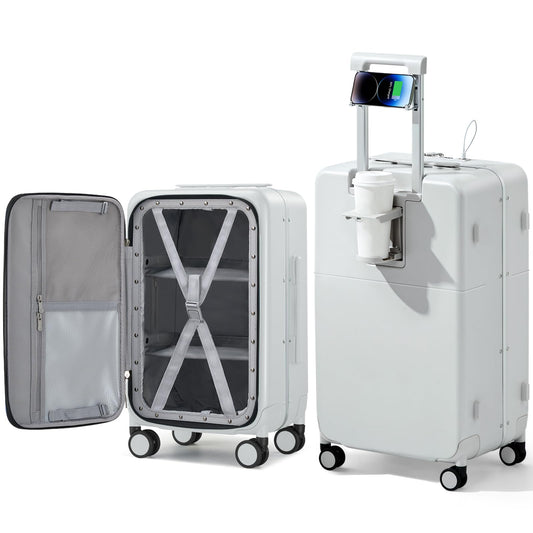 Hanke 28 Inch Luggage with Cup Holder and Charge,Top Opening Hard Shell Suitcases with Wheels and Dividers,Aluminum Frame Trunk Luggage Extra Large Suitcase with Lock for Travel,Smoke White