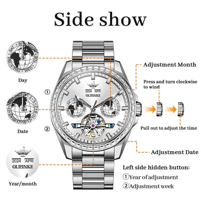 OUPINKE Automatic Men's Watch Diamond Skeleton Self Winding Mechanical Luxury Business Watch Sapphire Crystal Waterproof Luminous