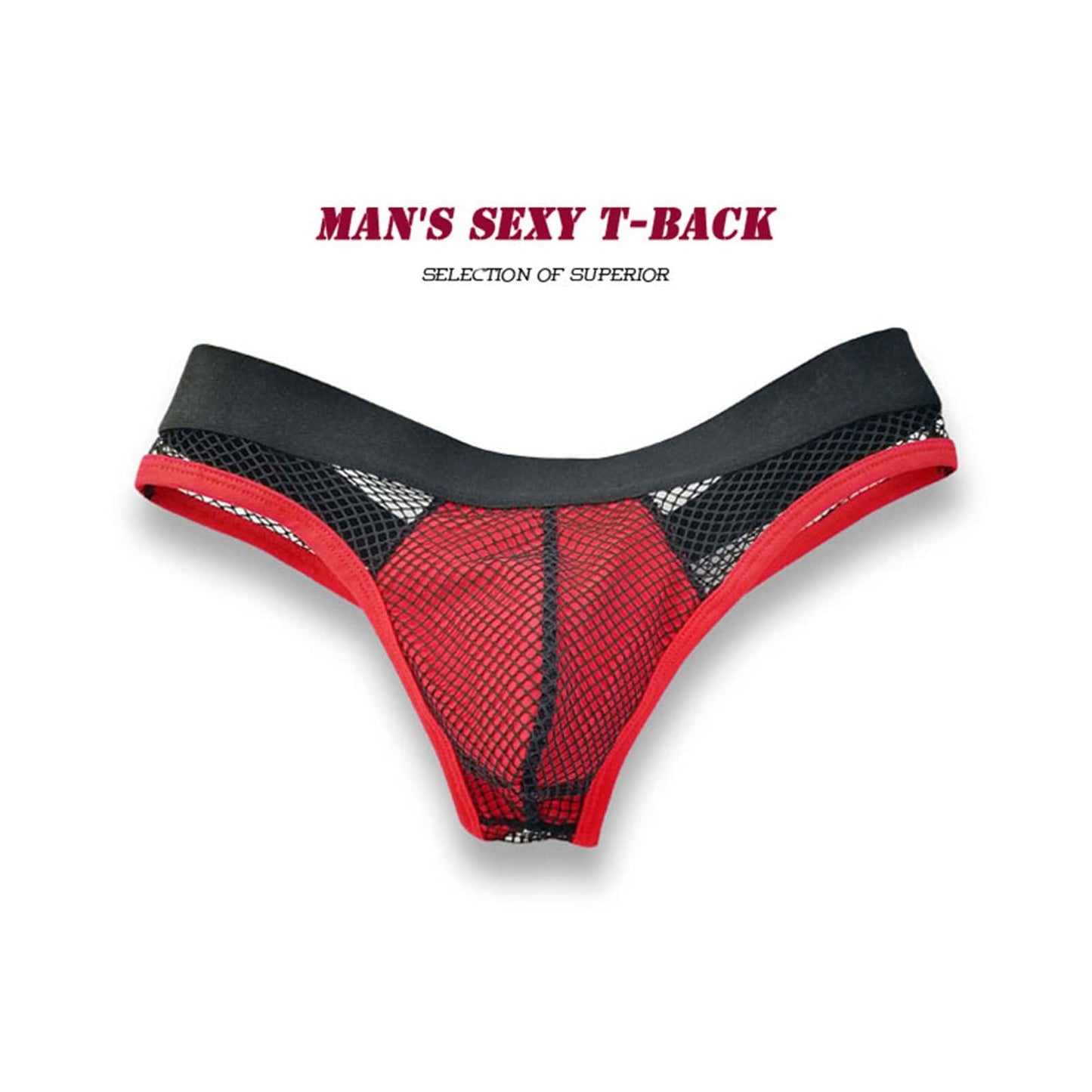 BLESO Men's Sissy Fishnet Low Rise Sexy Thong Sexy Underwear Mesh Athletic Supporter(Black+Red-L)