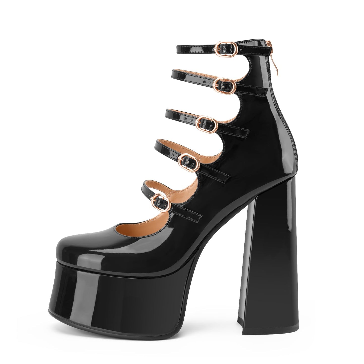 Perisis Women's Platform Mary Janes Black Chunky Block High Heels Ankle Short Boots Closed Toe Strappy Booties Gothic Lolita Shoes(Black Patent,9)