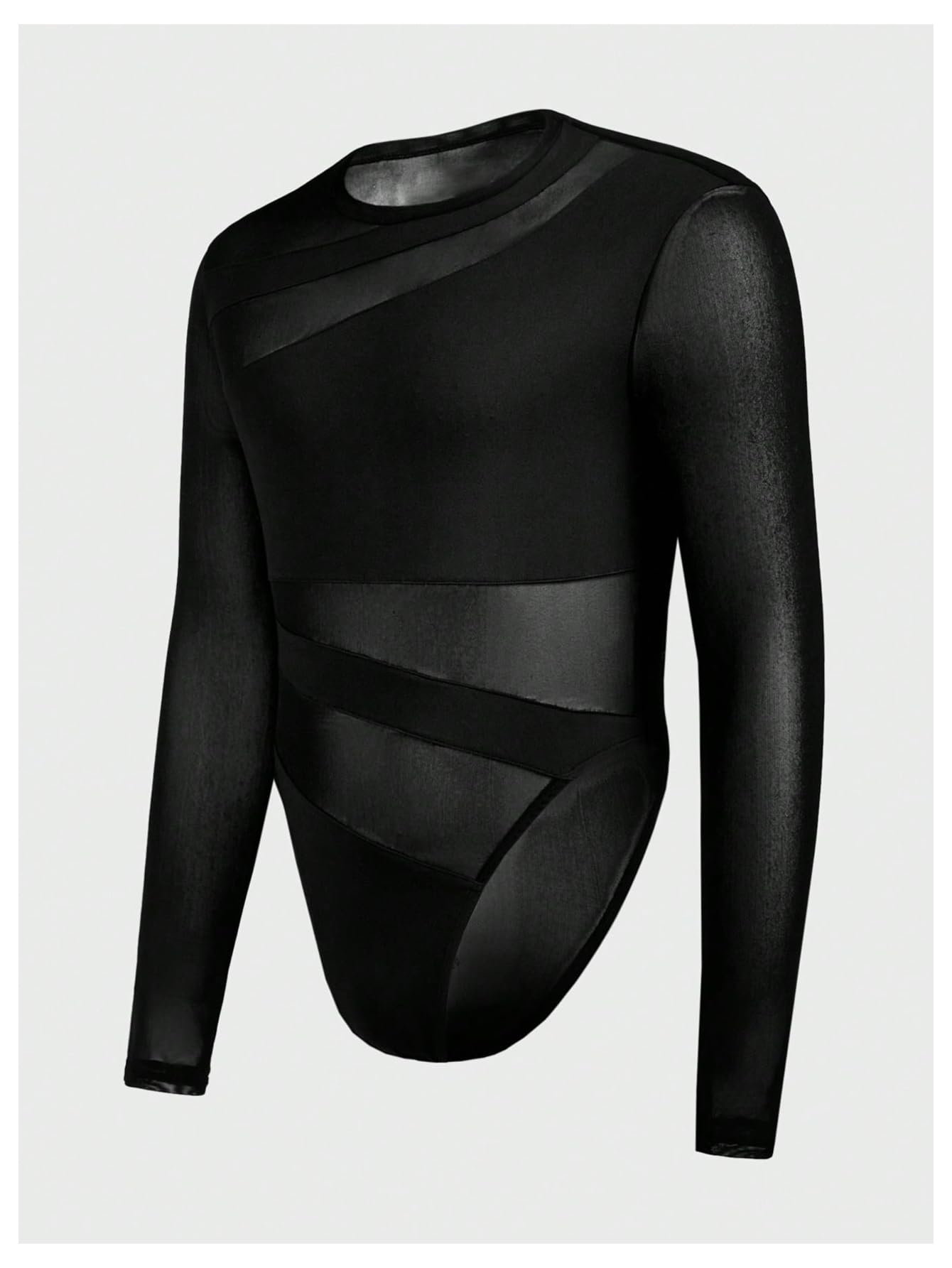 OYOANGLE Men's Long Sleeve Sheer Bodysuit Crew Neck Slim Fit Mesh Shirt Y2K Party Clubwear Streetwear Black Medium