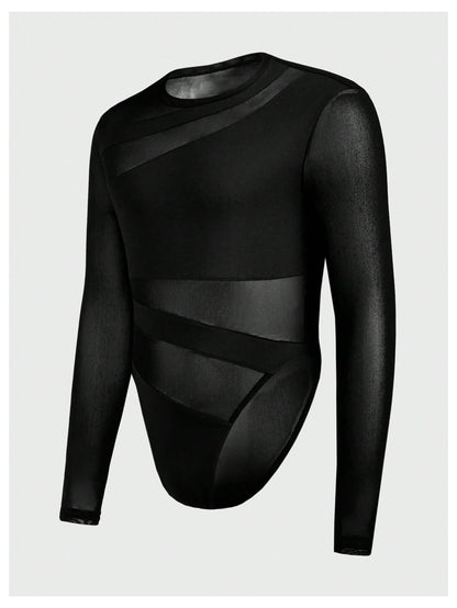 OYOANGLE Men's Long Sleeve Sheer Bodysuit Crew Neck Slim Fit Mesh Shirt Y2K Party Clubwear Streetwear Black Medium