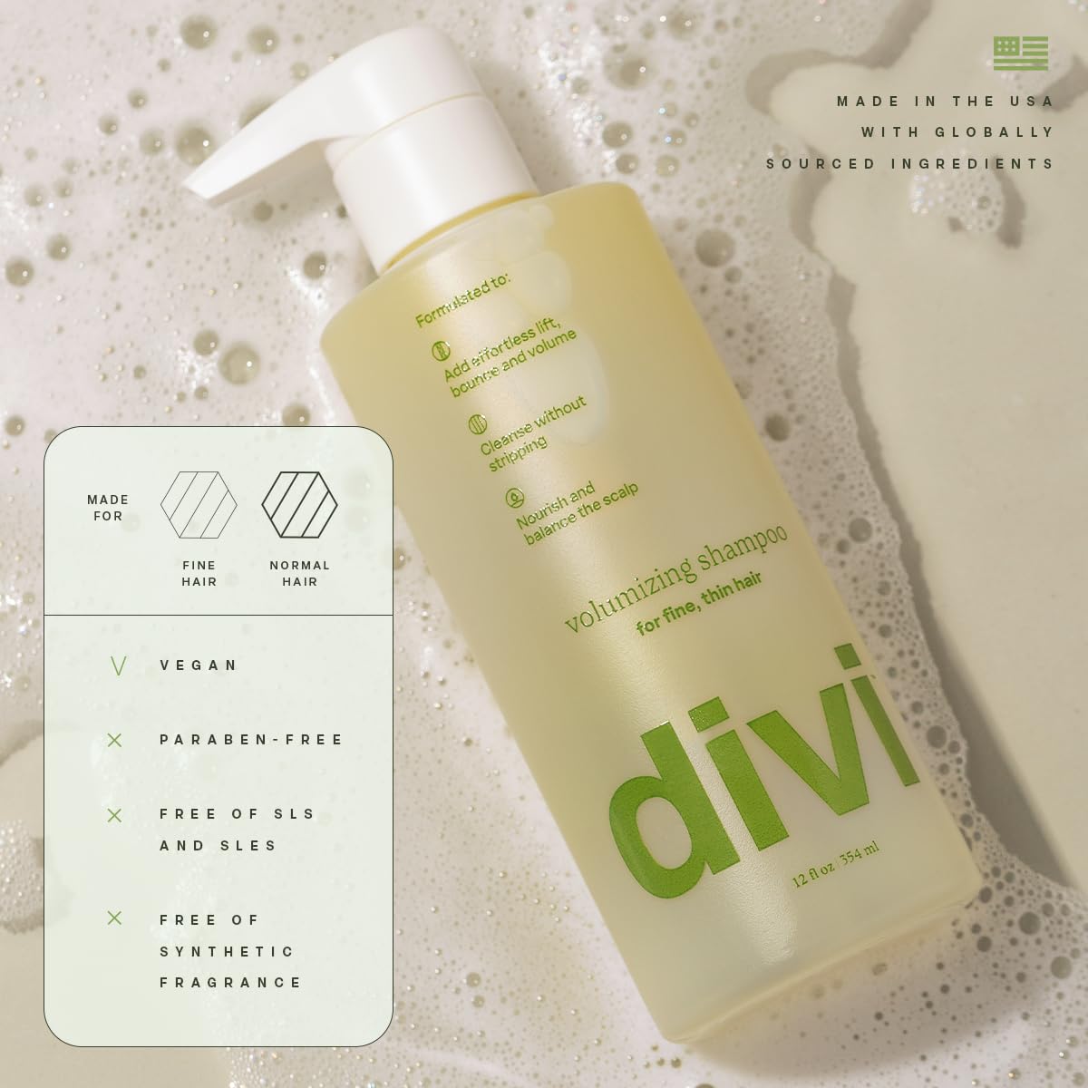 Divi Volumizing Shampoo for Women and Men - Lightweight Volume Shampoo for Fine Hair - Formulated to Cleanse, Nourish and Balance the Scalp, 12 Fl Oz.