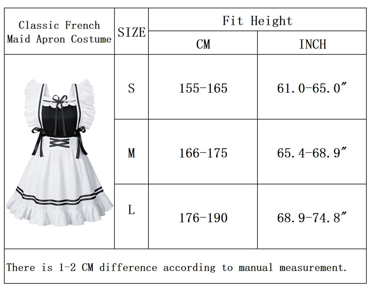 Classic French Maid Costume Apron Fancy Dress Cosplay Outfit Headwear Gloves Socks Set(BK S)