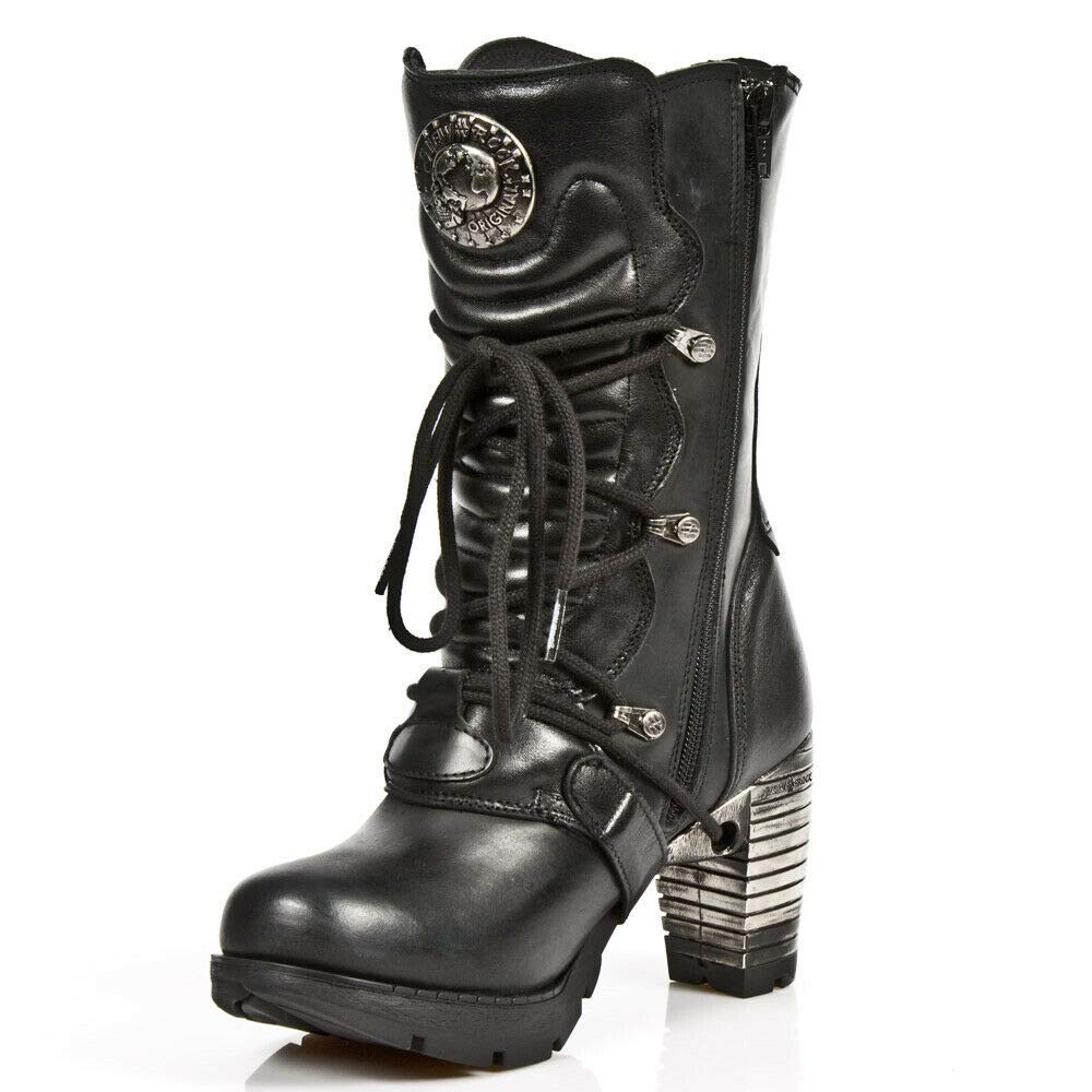 New Rock Boots TR003-S1 Ladies Metallic Black Leather Biker Heel Goth Punk Shoes Ankle Fashion Boots 38