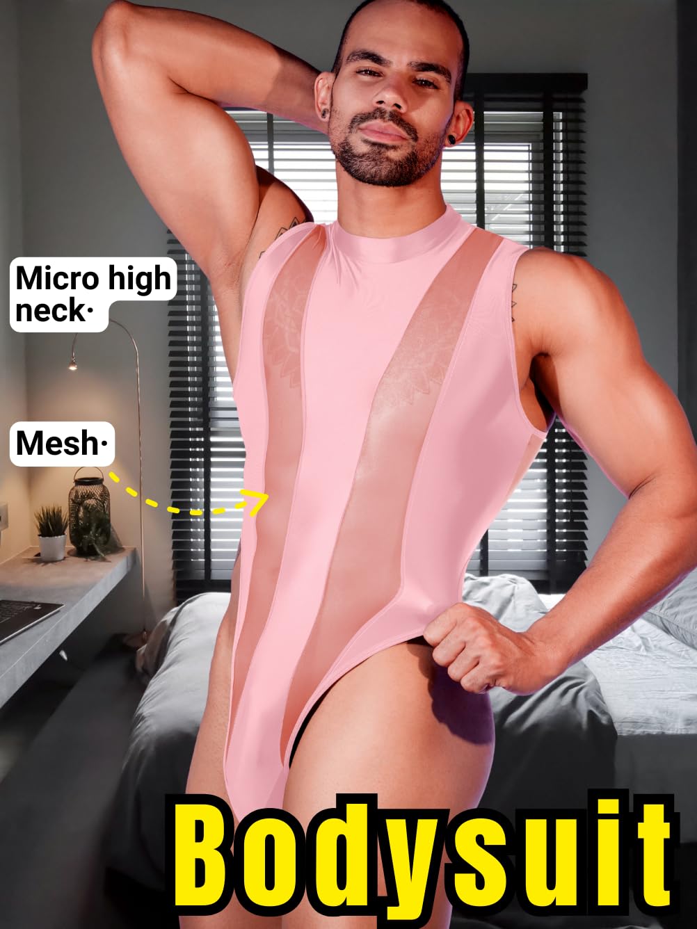 Mens Sexy Lingerie, Hook Crotch Thong High Cut Bodysuit Top Rave Outfit, Glossy Mock Neck Sheer Singlet Muscle Suit Pink Leather X-Small-Small