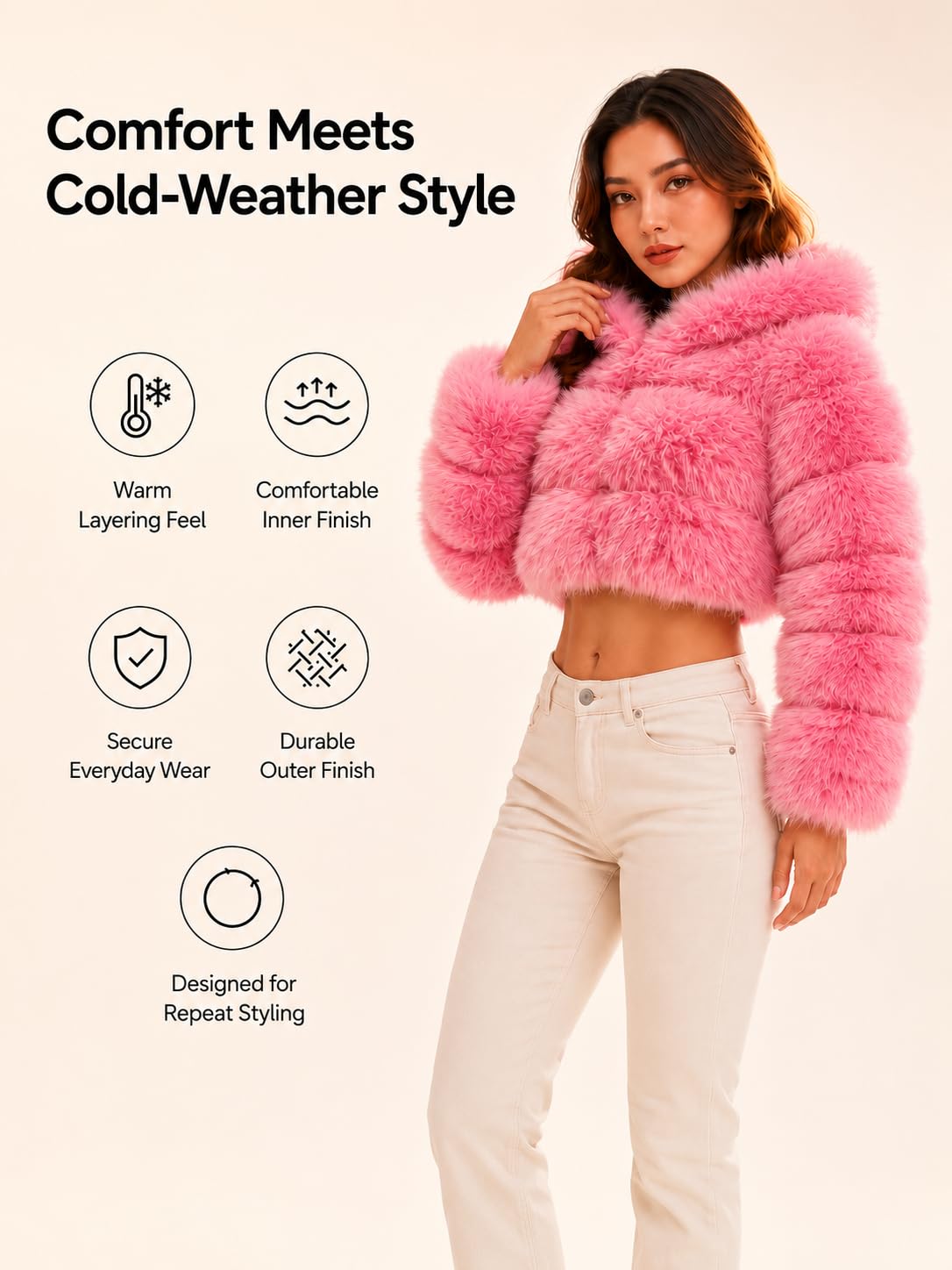 DLNYC Faux Fox Fur Layered Hooded Bolero Faux Fur Cropped Jacket Luxury Spring Fashion Jacket (US, Alpha, Small, Regular, Regular, Baby Pink)