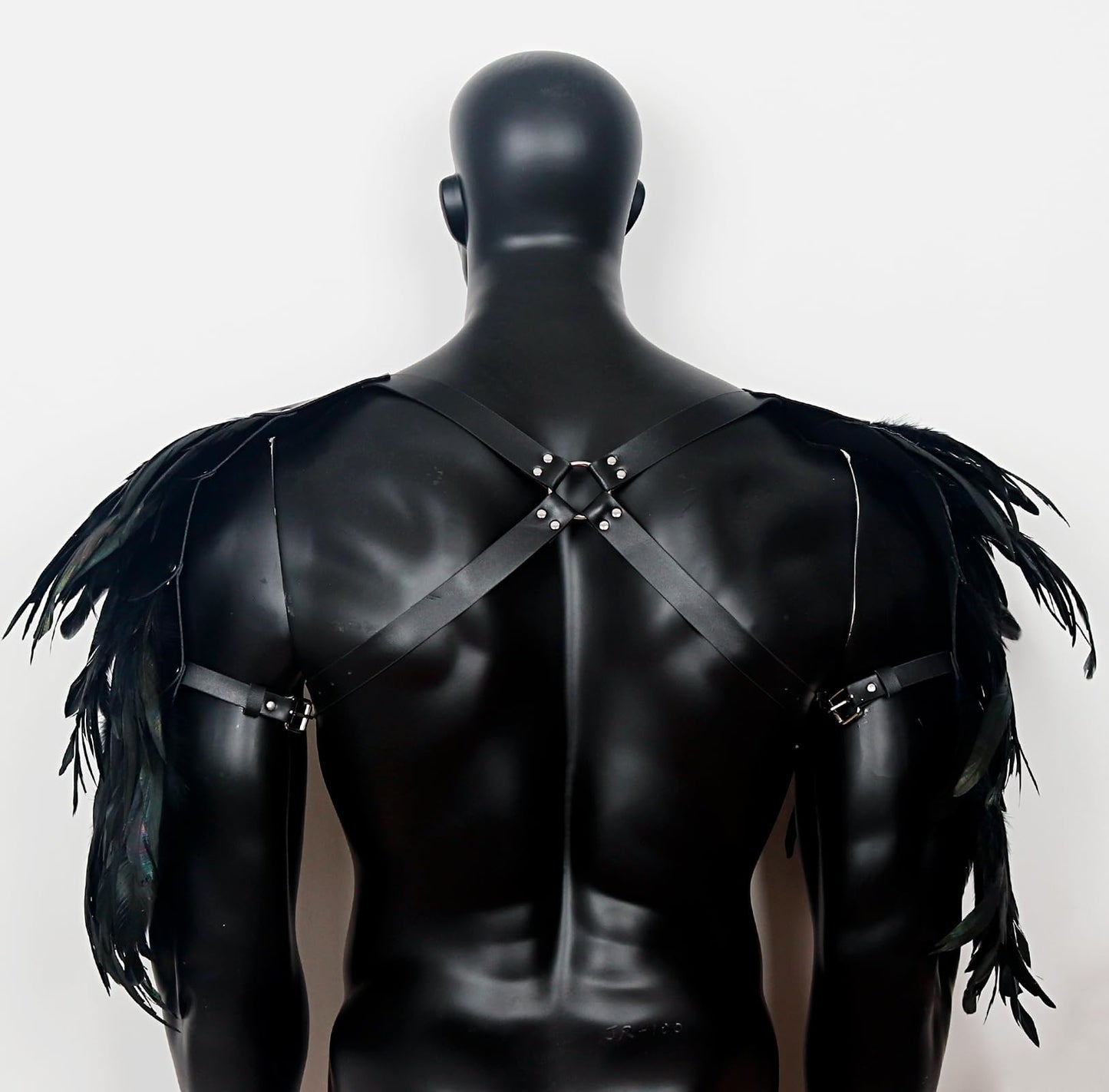 Gothic Men's Feather Shoulder Piece Punk Leather Harness, Black