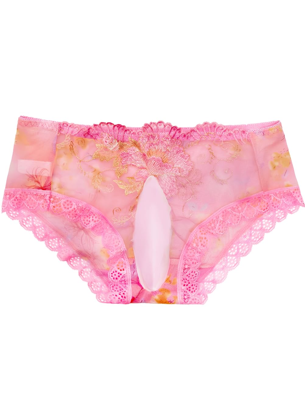 Mens Sexy Lace Trim Sissy Panties with Pouch, Cross Dresser Male Lingerie Femboy Clothes, Floral Sheer Mesh Underwear Hot Pink Large