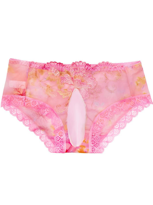 Mens Sexy Lace Trim Sissy Panties with Pouch, Cross Dresser Male Lingerie Femboy Clothes, Floral Sheer Mesh Underwear Hot Pink Large