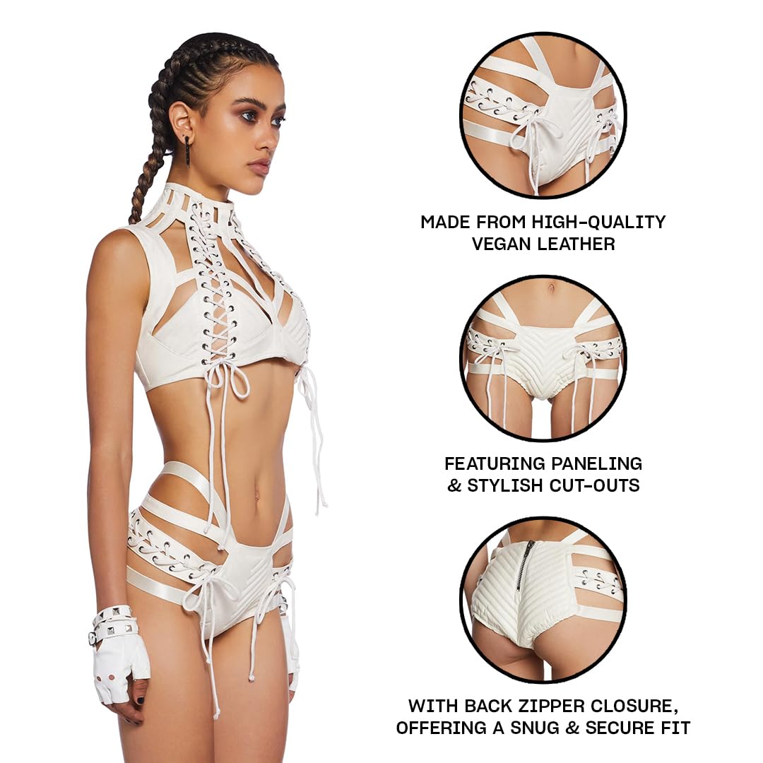 Dolls Kill Rude Awakening Lace-Up Shorts by Club Exx - Vegan Leather, Lace-Up, Comfortable Fit - Perfect for Festivals & Raves - White, Small