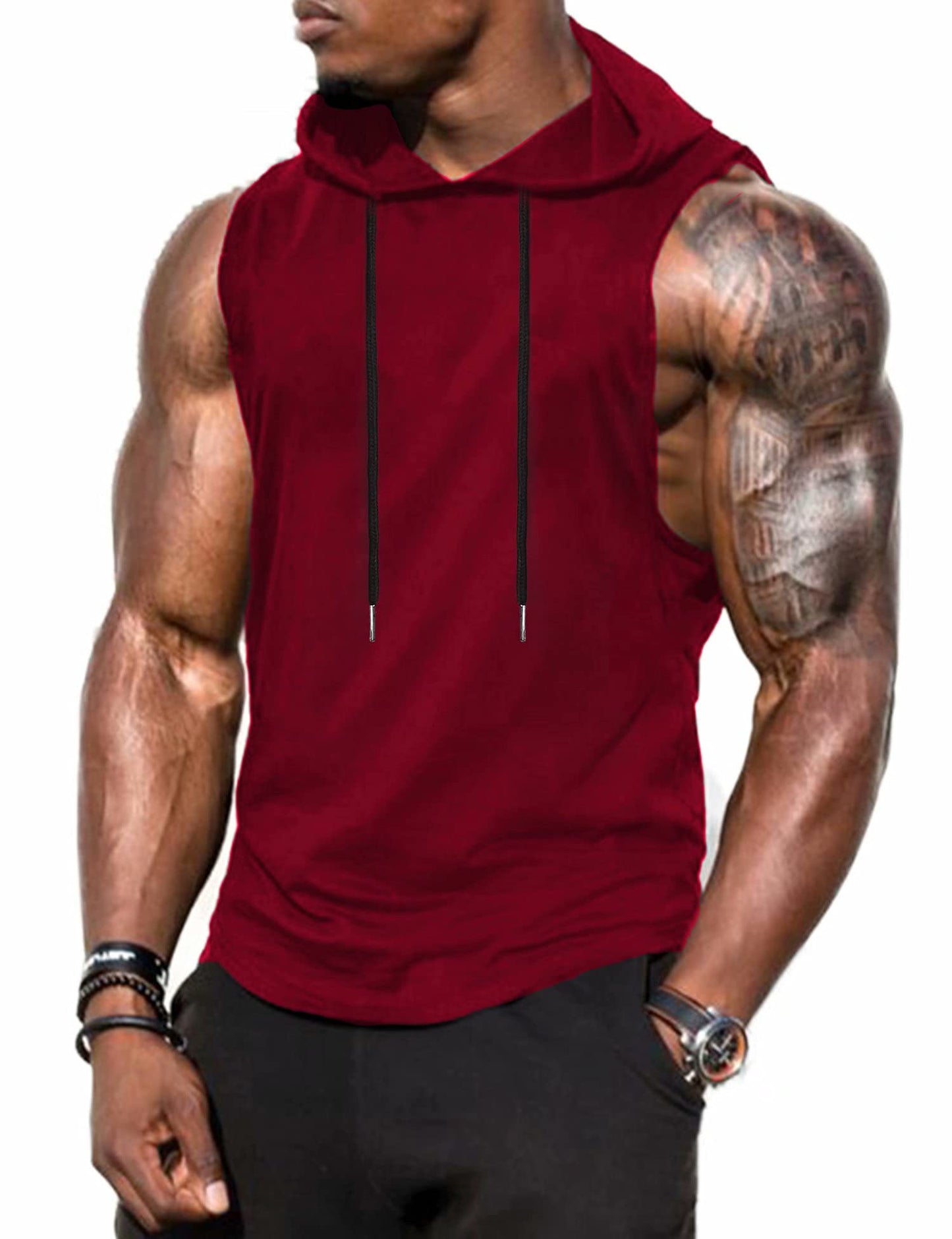Babioboa Men's Athletic Sleeveless Hoodie Workout Hooded Tank Top Bodybuilding Muscle Cut Off T-Shirt(Wine Red Large)