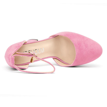 Womens Chunky Block High Platform Heel Round Toe Closed Toe Pumps Two-Piece Ankle Strap Buckle Party Cute 5.3 Inches Heels Pink 9.5 M US