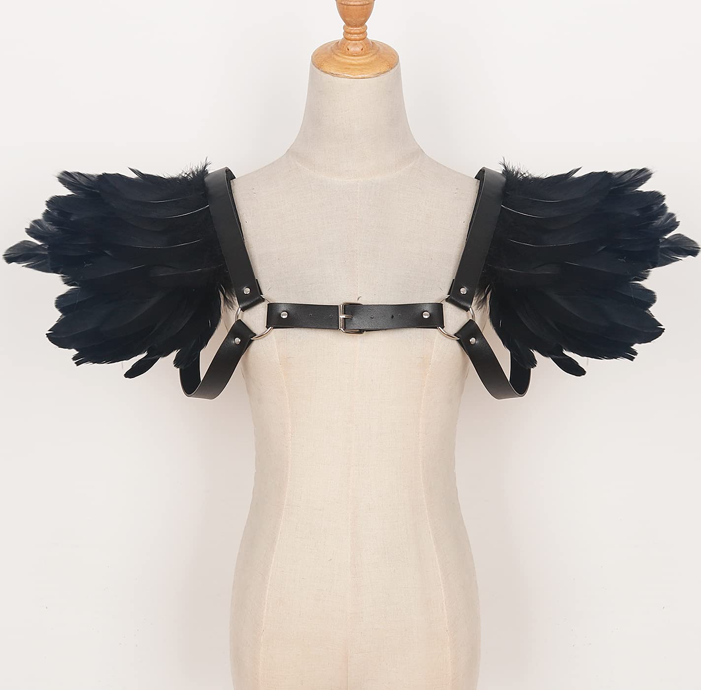 Men Vintage Natural Real Feather Epaulet Shrug Leather Belt Shoulder Strap for Halloween Costume, Belt Black