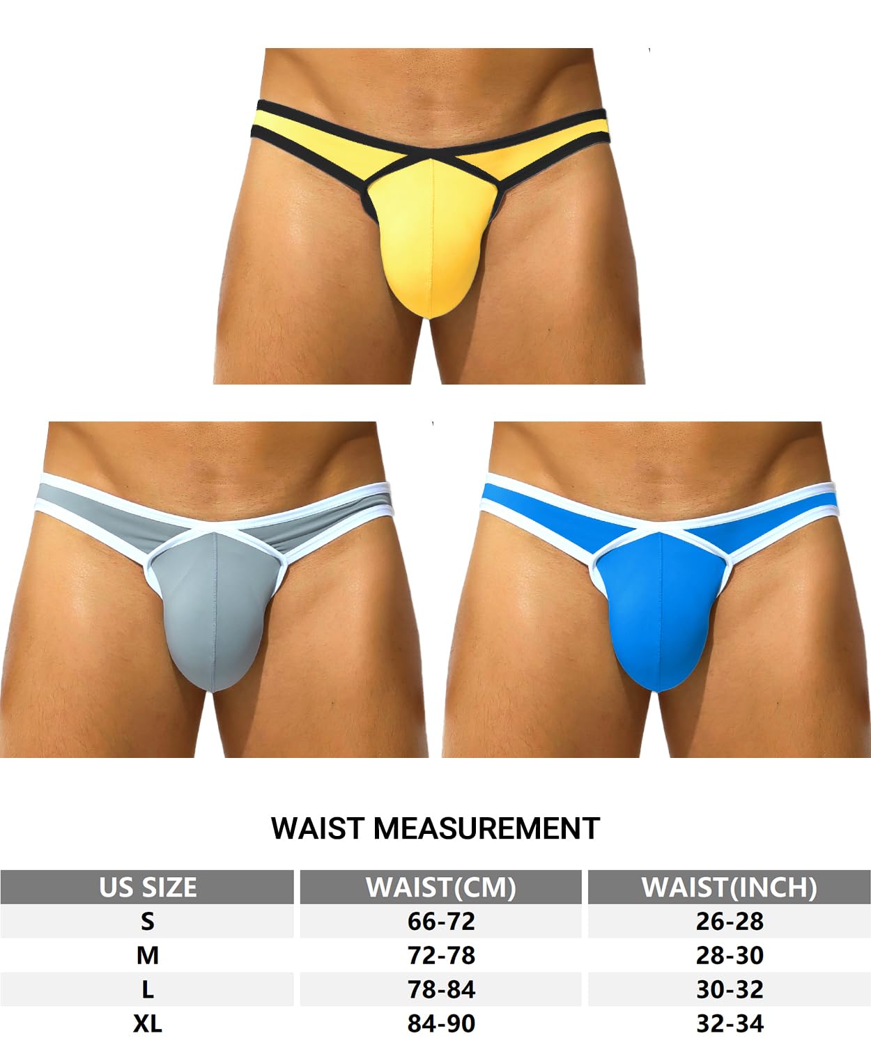 PAIZH Mens Sexy Bulge Pouch Bikini Low Rise Soft Stretch Striped Briefs Underwear for Male 3Pack Yellow Grey Blue M