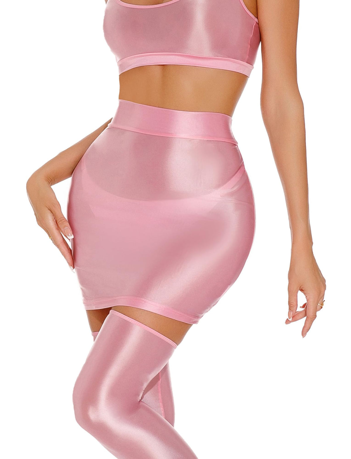 Oil Glossy Mini Skirt for Women Sexy Shiny Bodycon Tight Pencil Dress Clubwear Party Hot Skirt Pink Large
