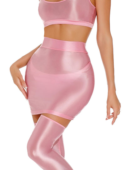 Oil Glossy Mini Skirt for Women Sexy Shiny Bodycon Tight Pencil Dress Clubwear Party Hot Skirt Pink Large