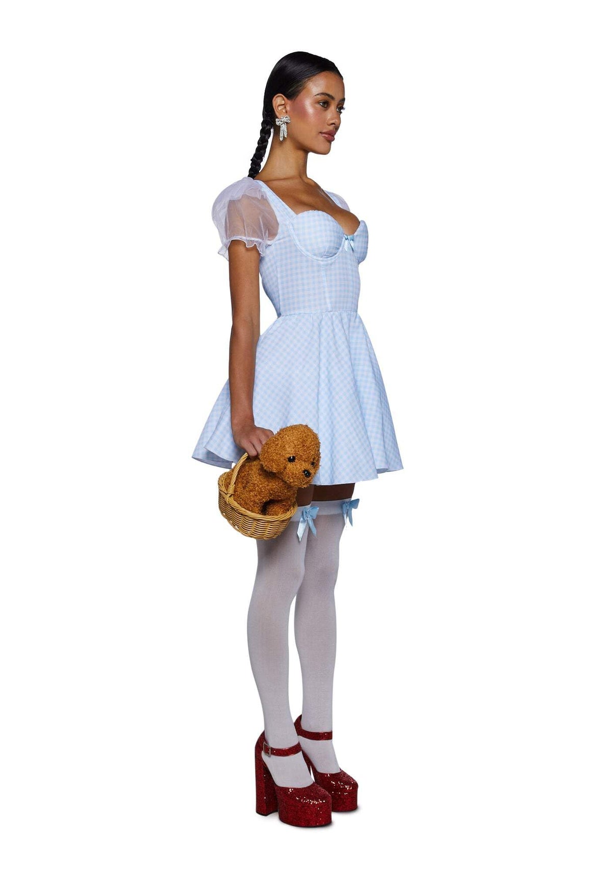Dolls Kill Kansas Bound Costume Set by Trickz N’ Treatz – Women’s Gingham Mini Dress with Puff Sleeves & Flared Skirt, X-Large