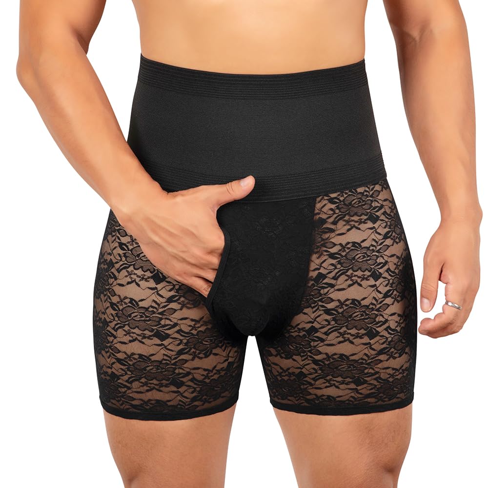 six Pack Men's High Waist Boxer Brief Lace Transparent Shorts, Underwear Bottoms  Black
