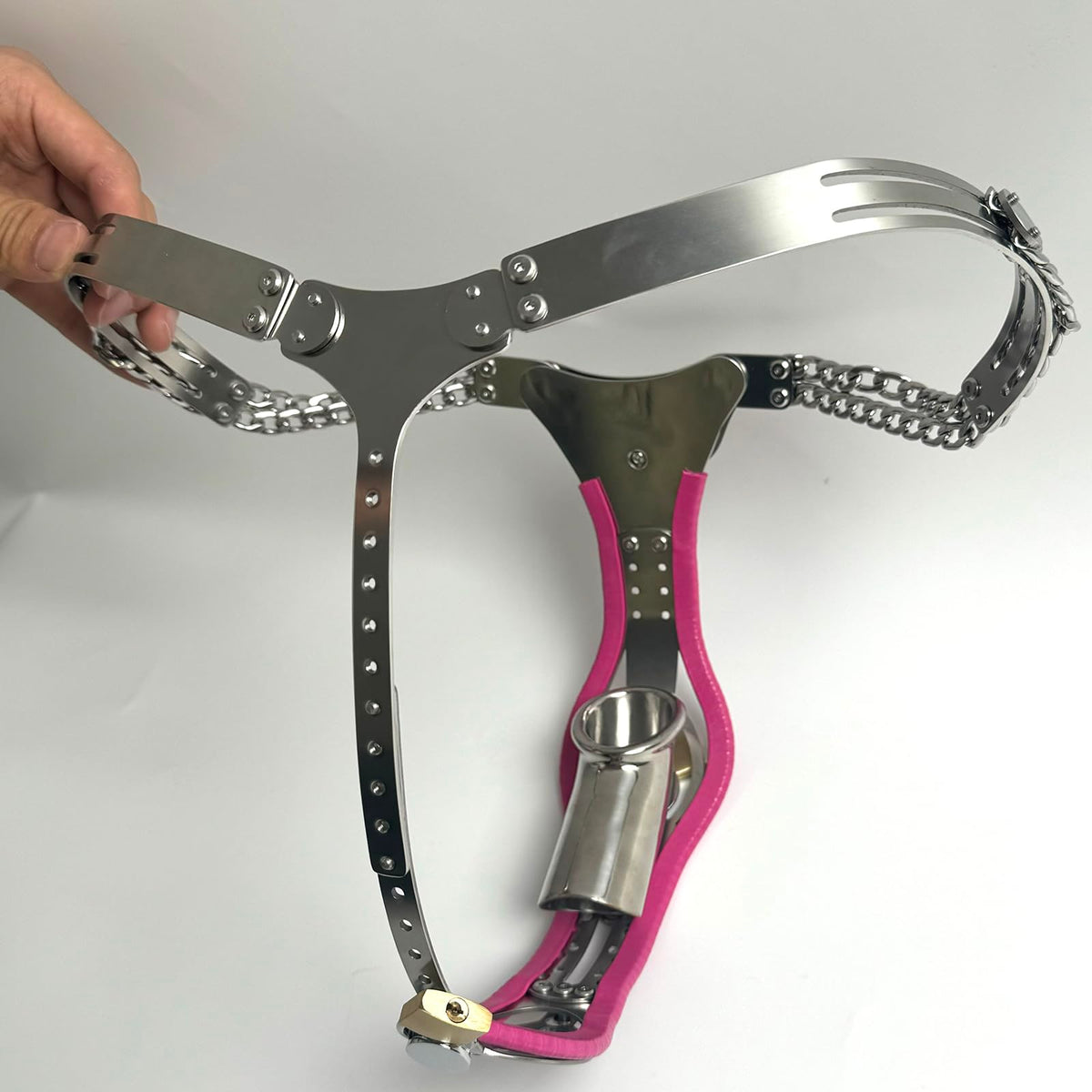 Male Adjustable Chastity Belt with Hole Push-Lock Design Removable Cage Dual Adjustable Waist and Crotch Stainless Steel Adult Sex Toy SM Invisible Underwear (Pink 87-122cm)