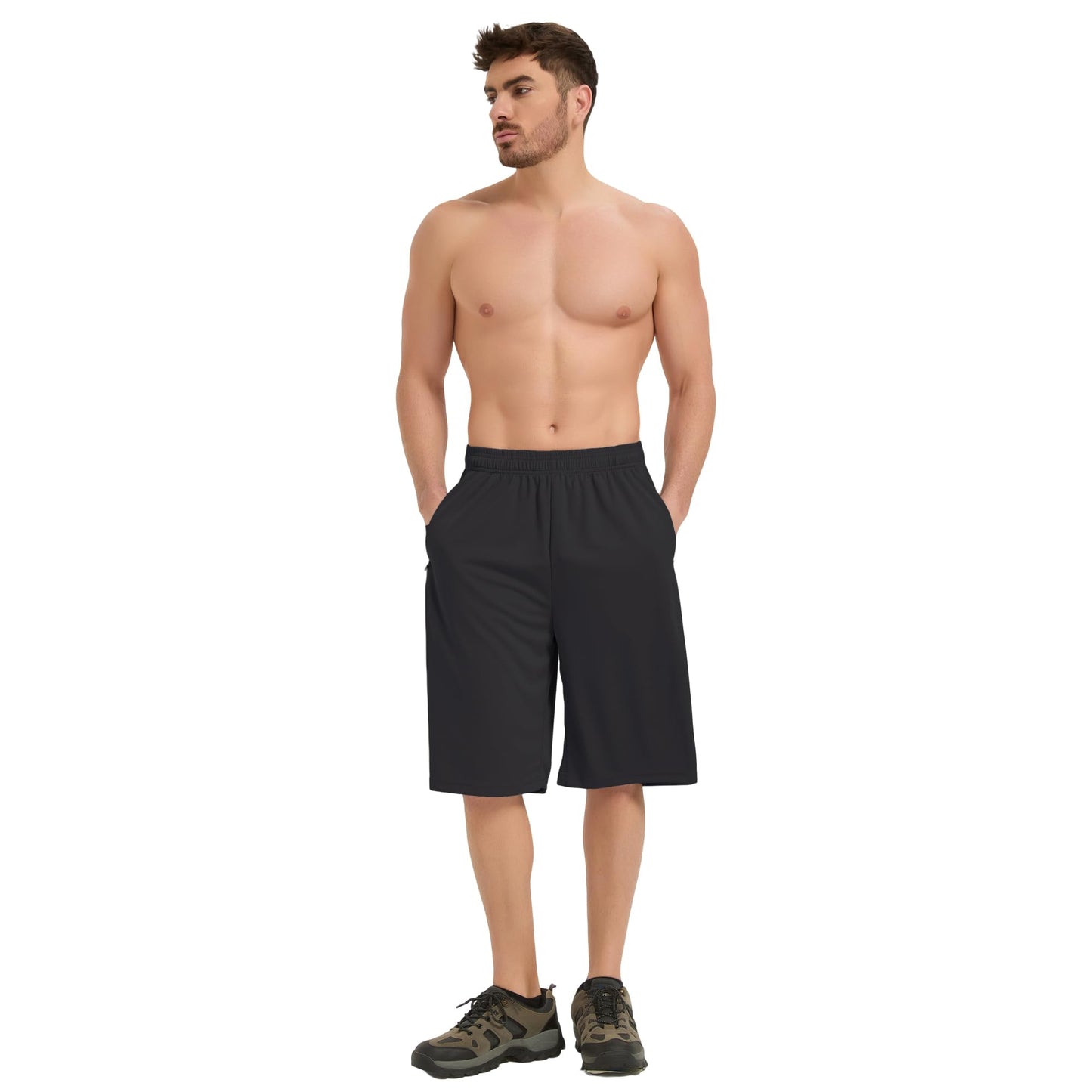 HQUEC Men's Athletic Shorts 12" Long Basketball Workout Shorts Below Knee Loose-Fit with Zipper Pockets Black XL