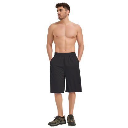 HQUEC Men's Athletic Shorts 12" Long Basketball Workout Shorts Below Knee Loose-Fit with Zipper Pockets Black XL