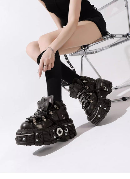PU Leather Y2K Grunge Punk Platform Height Increase Derby Shoes for Men Casual Streetwear Mixed Color Thick Sole Sneakers with Skull Metal Accent Design (12,Black)
