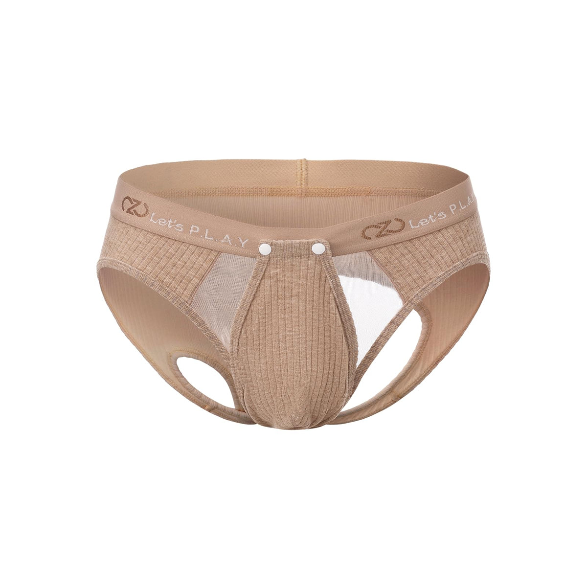 BSZN Men's Thick Ribbed Sexy Briefs, Khaki Mid Low Rise Snap Open Sexy Men Underwear, Cutout Back Men Sexy Lingerie with Sheer Mesh Pouch Soft High Stretch Sexy Undergarment