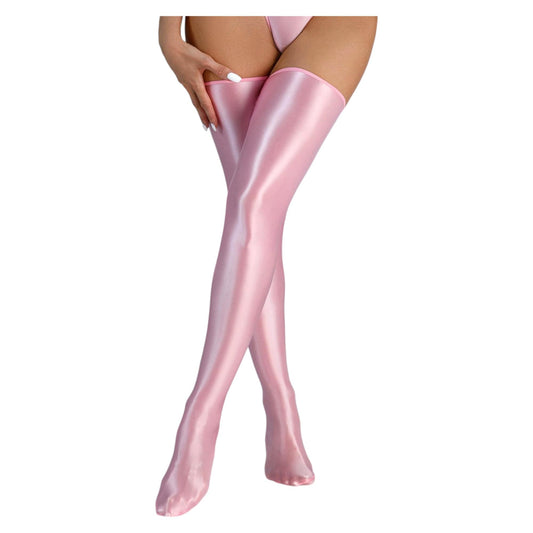 Men's Sissy High Over Knee Glossy Oil Shiny Stocking, Femboy Thigh High Stockings, for Cross-dressing (US, Alpha, One Size, Regular, Regular, Pink)