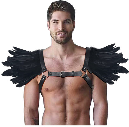 Men Vintage Natural Real Feather Epaulet Shrug Leather Belt Shoulder Strap for Halloween Costume, Belt Black