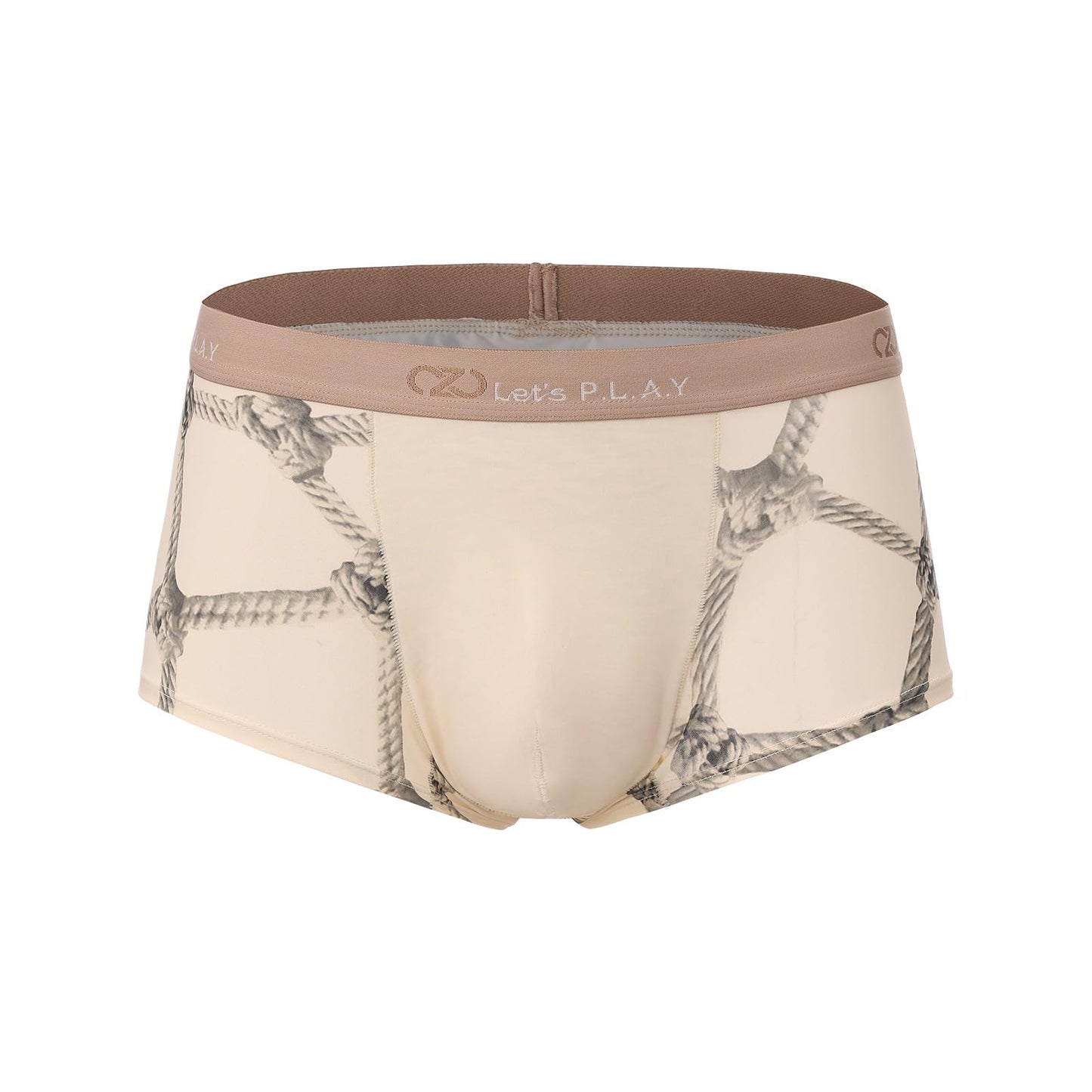 BSZN Men's Sexy Boxer Briefs, Beige Rope Shibari Print Devil Tail Back Mid Rise Ultra Soft Thin Sexy Lingerie