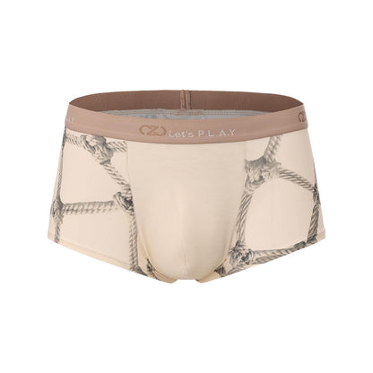 BSZN Men's Sexy Boxer Briefs, Beige Rope Shibari Print Devil Tail Back Mid Rise Ultra Soft Thin Sexy Lingerie