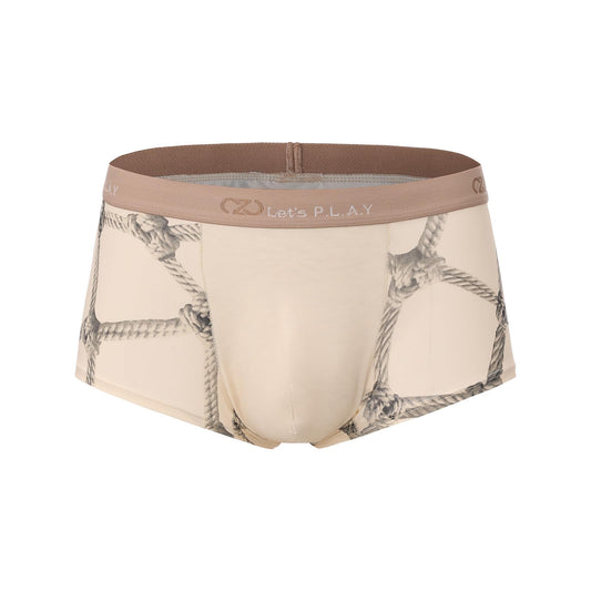 BSZN Men's Sexy Boxer Briefs, Beige Rope Shibari Print Devil Tail Back Mid Rise Ultra Soft Thin Sexy Lingerie