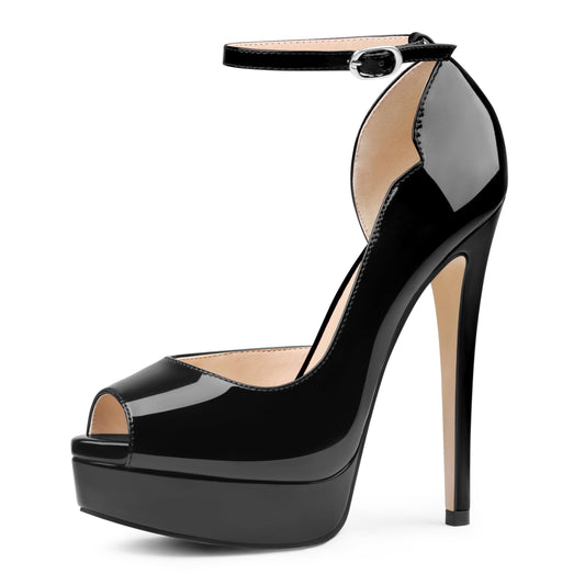 Women's Peep Toe Platform Stiletto Heels Pumps, Black Patent, US11