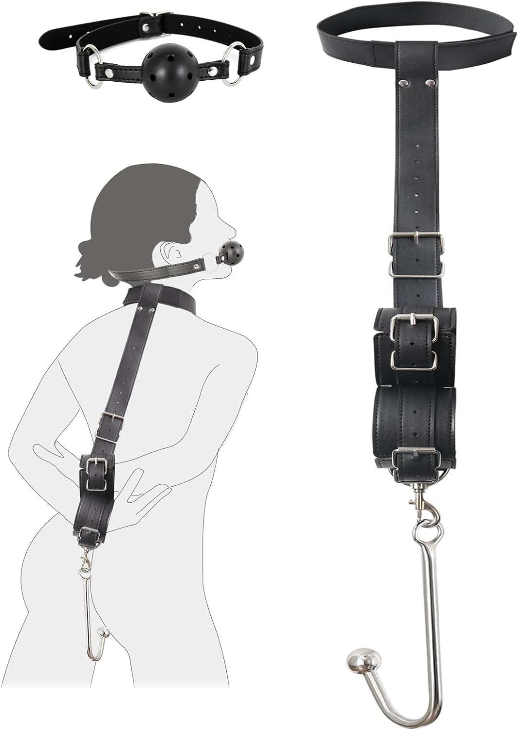BDSM Anal Hook Sex Toys Neck to Wrist Bondage Set with Ball Gag for Couple