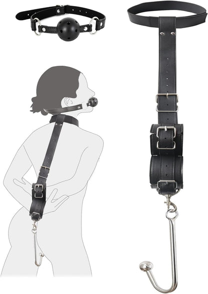 BDSM Anal Hook Sex Toys Neck to Wrist Bondage Set with Ball Gag for Couple