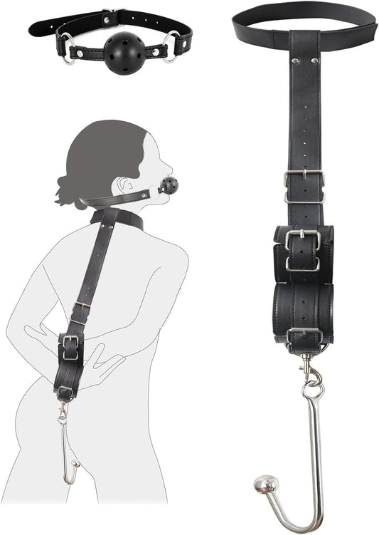 BDSM Anal Hook Sex Toys Neck to Wrist Bondage Set with Ball Gag for Couple