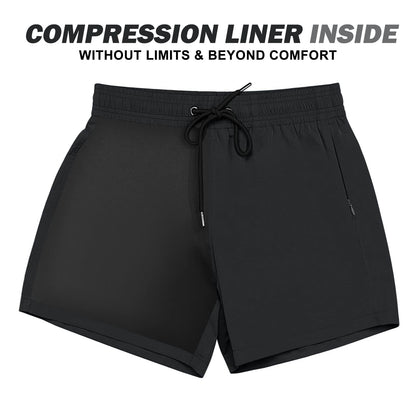 BRISIRA Mens Swim Trunks Swim Shorts Quick Dry 5 inch Inseam Beach Shorts with Compression Liner and Zipper Pocket Black