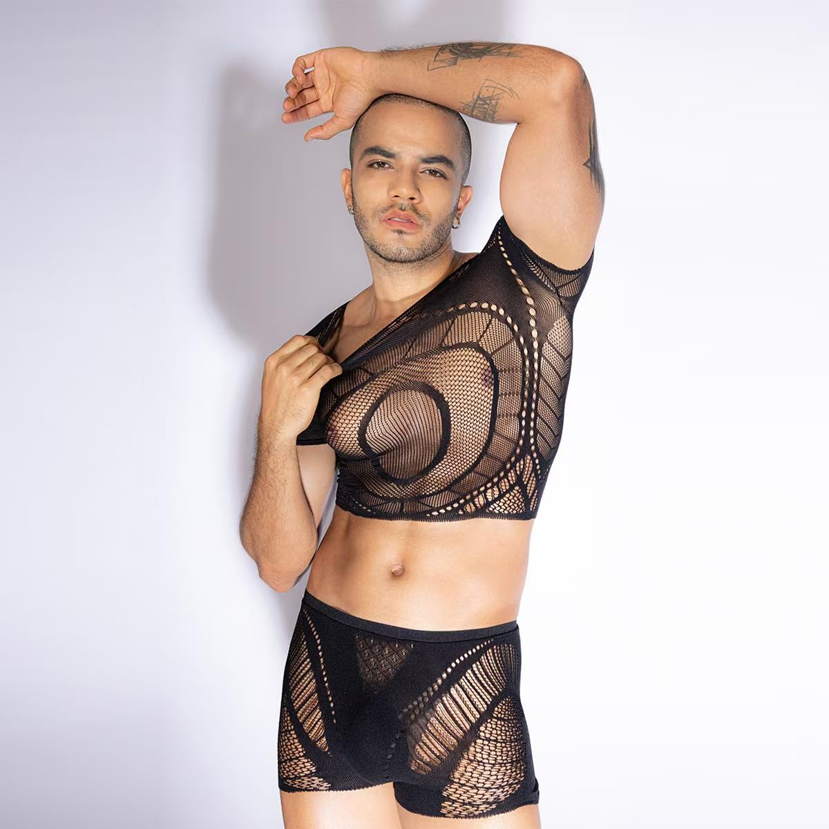 LDNSTQI Men's Sheer Lace Mesh Bodysuit Lingerie Thong See Through Underwear Short Sleeve Undershirt Jumpsuit Transparent Briefs Nightwear Garment