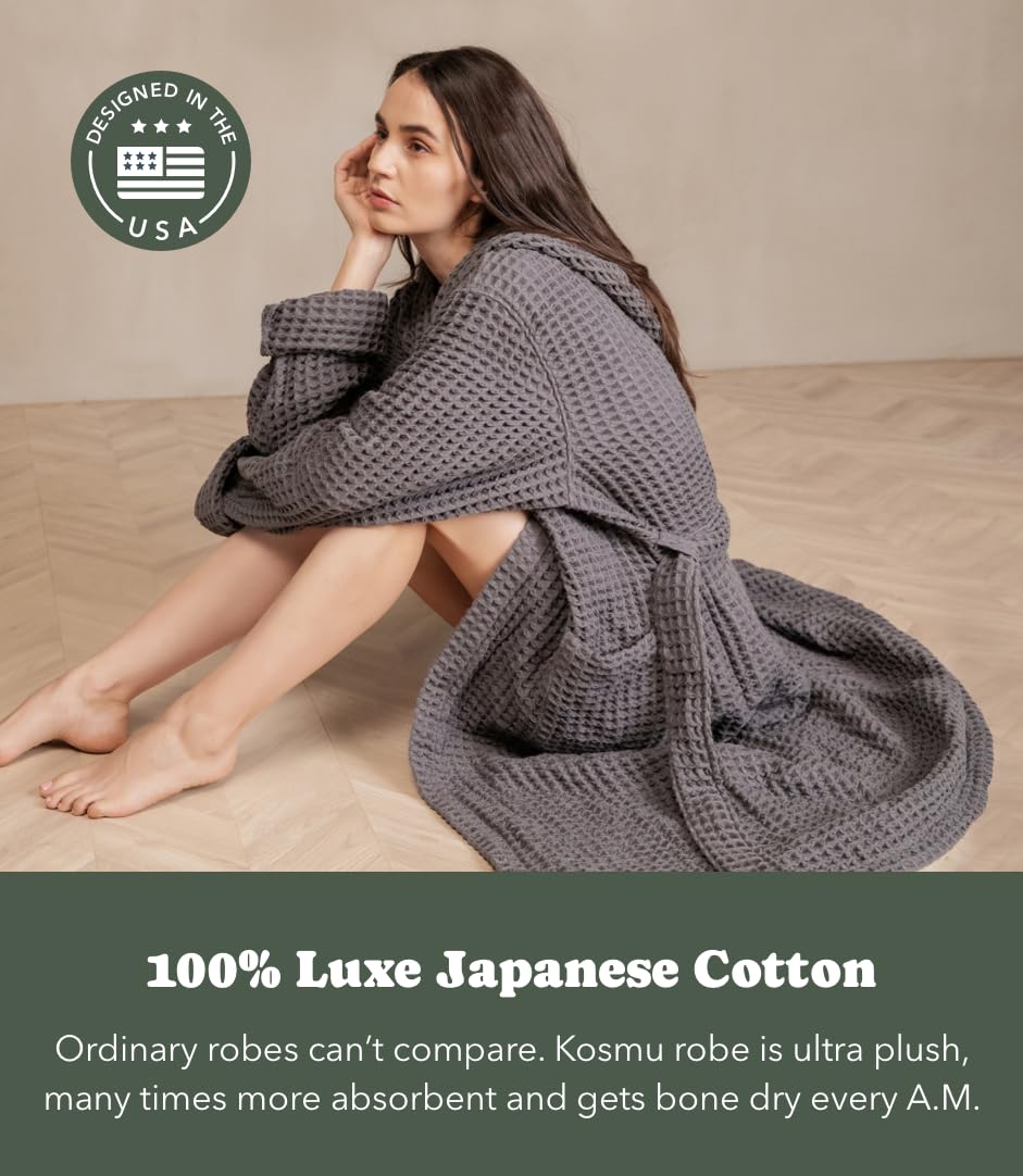 KOSMU 100% Organic Japanese Cotton Waffle Knit Bathrobe | Thick Luxury Hotel Spa Onsen Shower Sauna Towel Terry Bath Robe with Hood and Snap Buttons for Men & Women (Hooded, Smoke Grey, 2XL)