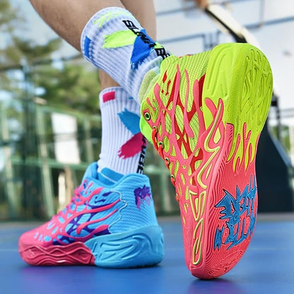 Y2K Basketball Boots Mesh Breathable Fire Stylish Shoes for Sports and Casual Wear with Unique Flame Design Mid-Top Casual Ankle (Blue+Green,8)