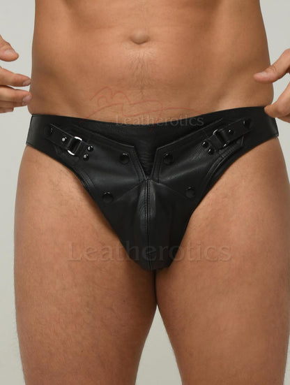 Leatherotics Mens Leather Underwear - Soft and Supple Leather Jockstrap with Detachable Front Pouch - 030 Black