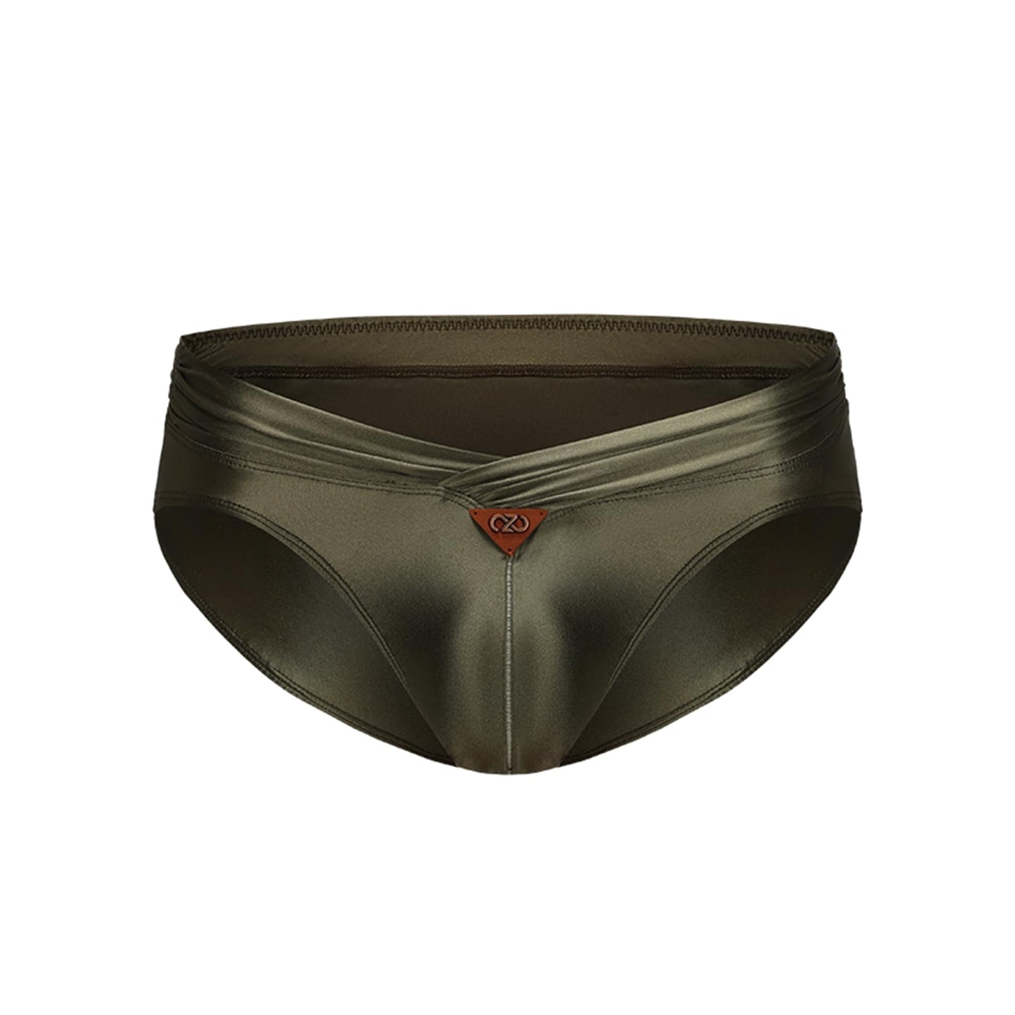 BSZN Men's Glossy Satin Briefs, Military Green Oil Slick Coated Underwear, Ruched Waistband Mid Rise Tight Fit, Waterproof Stain Resistant Sailor's Log Collection