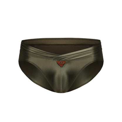 BSZN Men's Glossy Satin Briefs, Military Green Oil Slick Coated Underwear, Ruched Waistband Mid Rise Tight Fit, Waterproof Stain Resistant Sailor's Log Collection