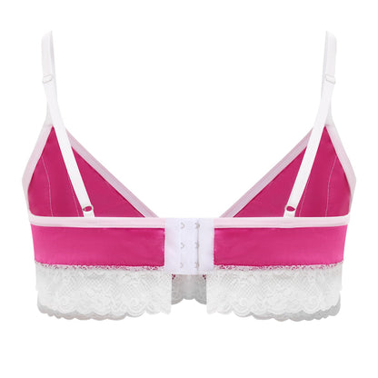 Men's Lingerie Bra - Shiny Silk Satin Bralette Floral Lace Trim - Sissy Top - Crossdressing