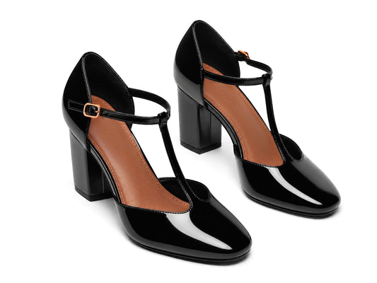 Womens Mary Jane Chunky Heels T-Strap Square Closed Toe Pumps Ankle Strap Vintage Work Dress Shoes, Black, Size 6